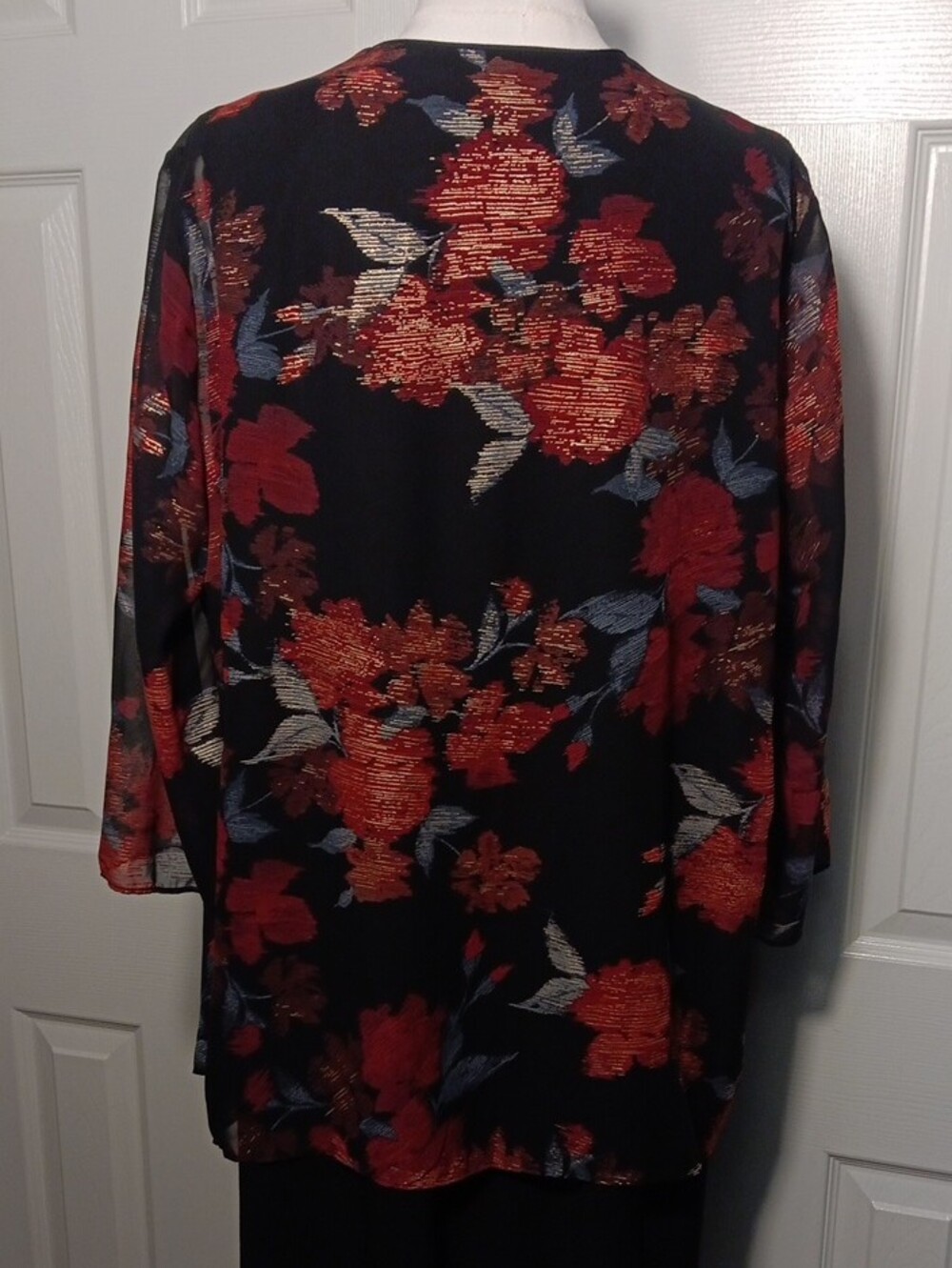 R&K Black Shift Dress with Red Floral Sheer Overlay and Blue Accents - Picture 5 of 12
